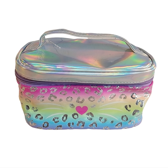 Hot Focus Girlz Beauty Cosmetic Bag Leopard Print Rainbow Lisa Frank Vibes NWOT - Picture 2 of 7